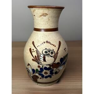 Mexico Pottery Vase Folk Art OWL Floral Signed 8” T X 5” Widest Earth Tones